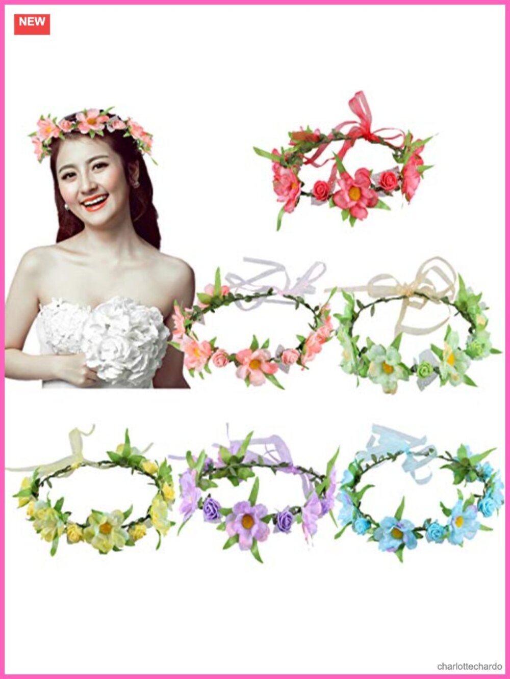 6Pcs Adjustable Boho Flower Crown Headbands Elastic Ribbon Handmade